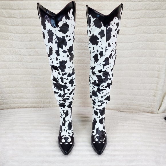 Western White & Black Cow Print OTK Thigh High Slouch Cowboy Boots - Picture 10 of 13